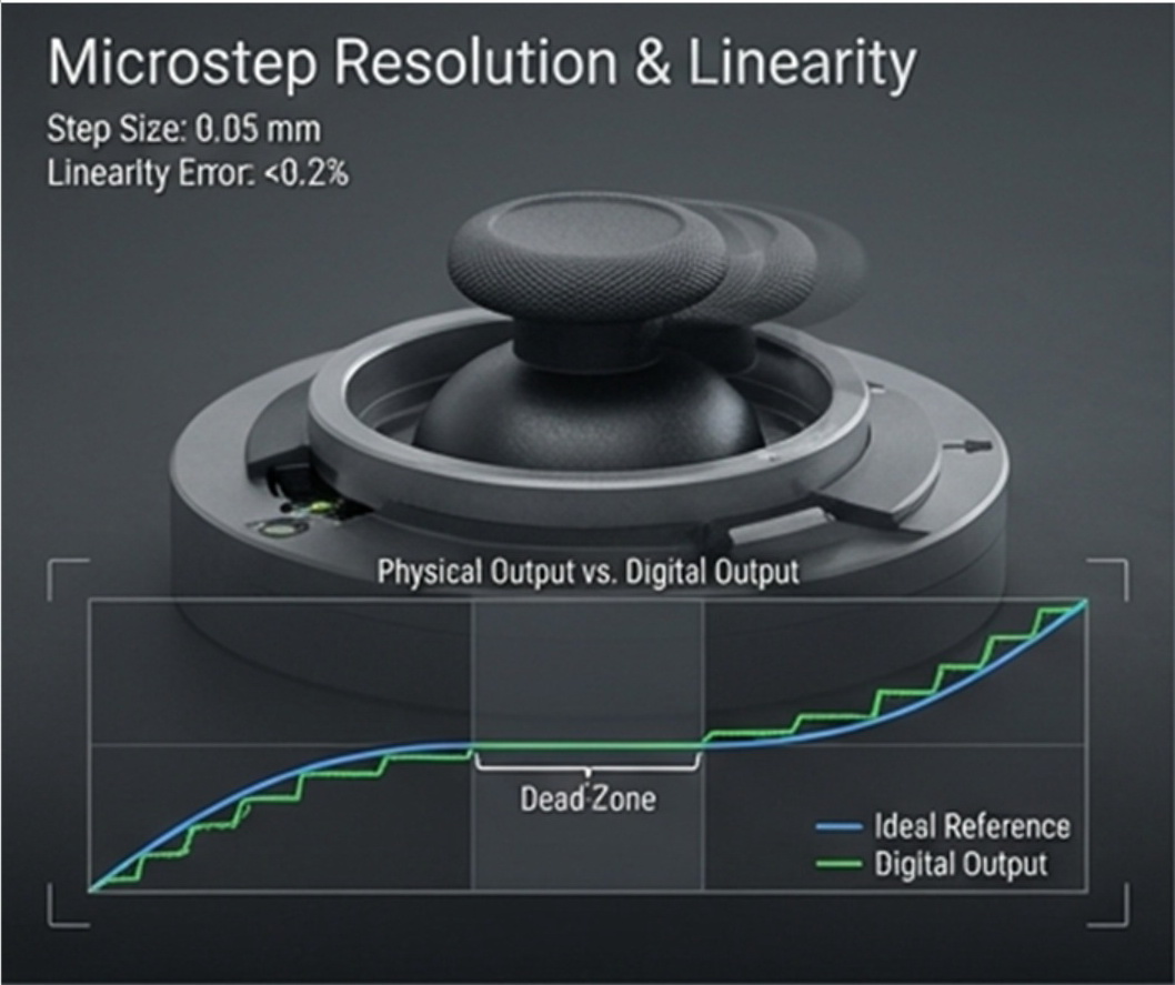 Resolution & Linearity 分辨率与线性度：主要量测 0.05mm 等级微步进位移与数字输出曲线，侦测死区(Dead Zone)宽度