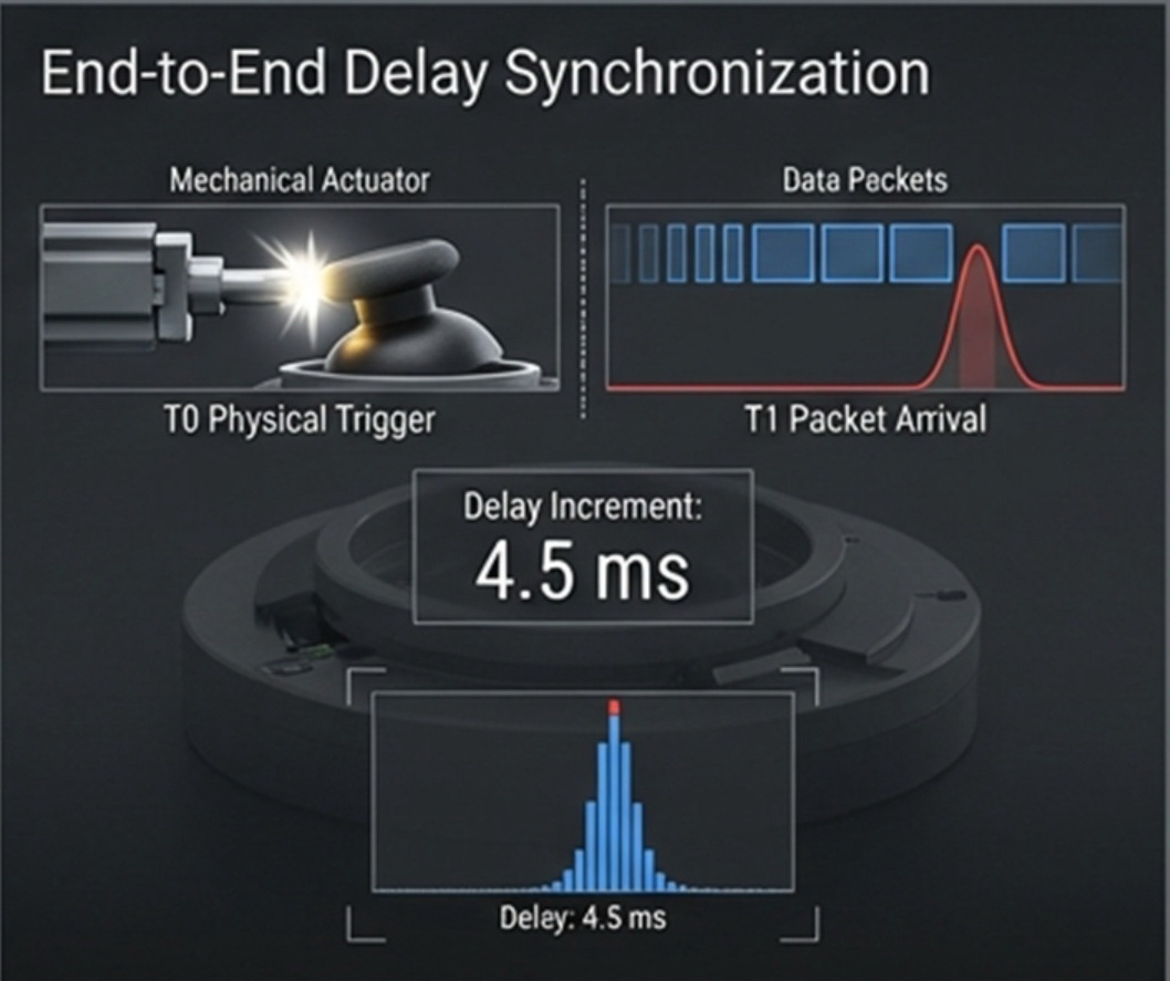 End-to-End Latency 端到端延迟：以物理触发(T0)对比讯号到达(T1)，计算毫秒级延迟与抖动
